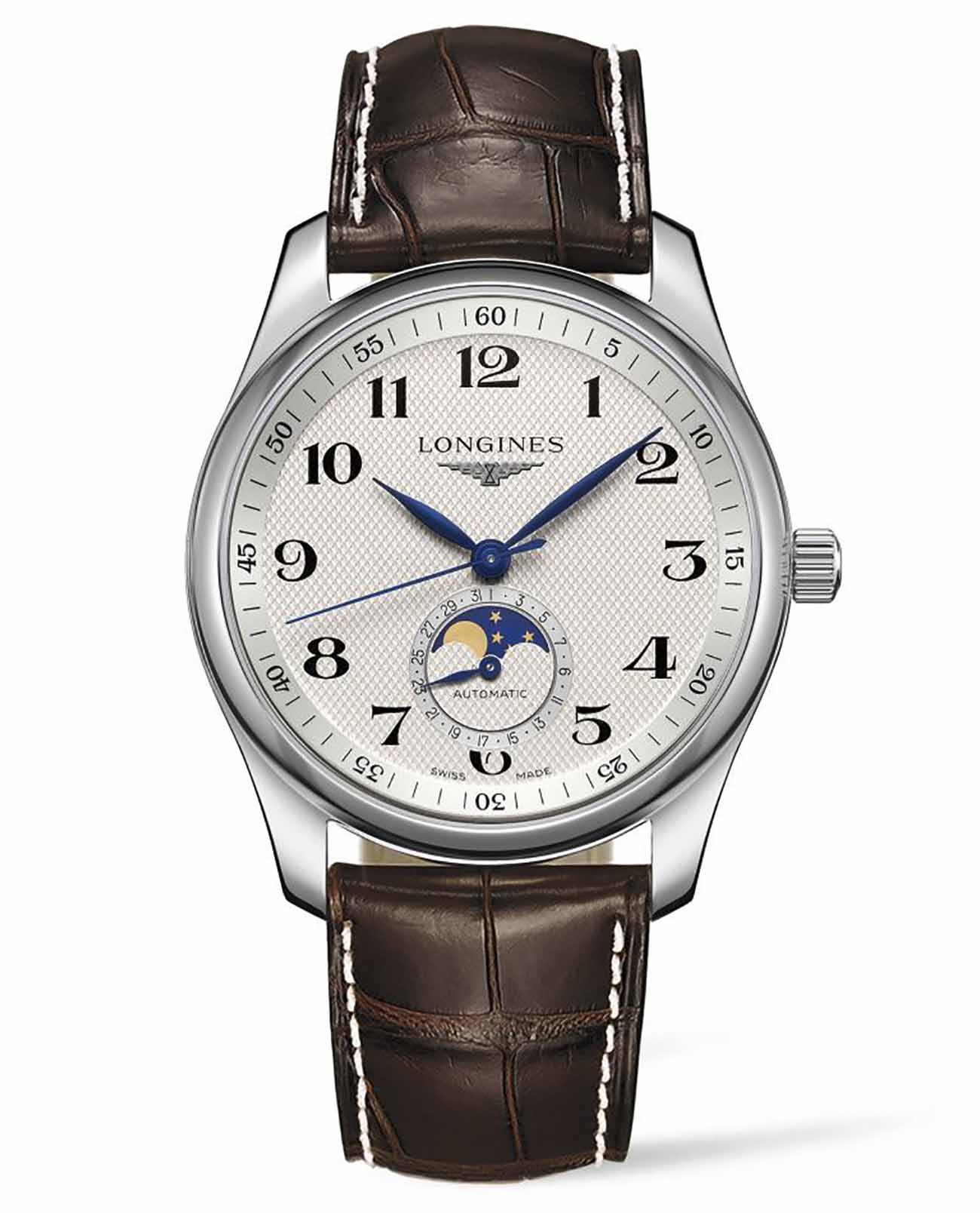 Longines Longines Master Collection L2.909.4.78.3  L29094783 механические мужские часы серебристый циферблат, браслет кожаный — вид спереди